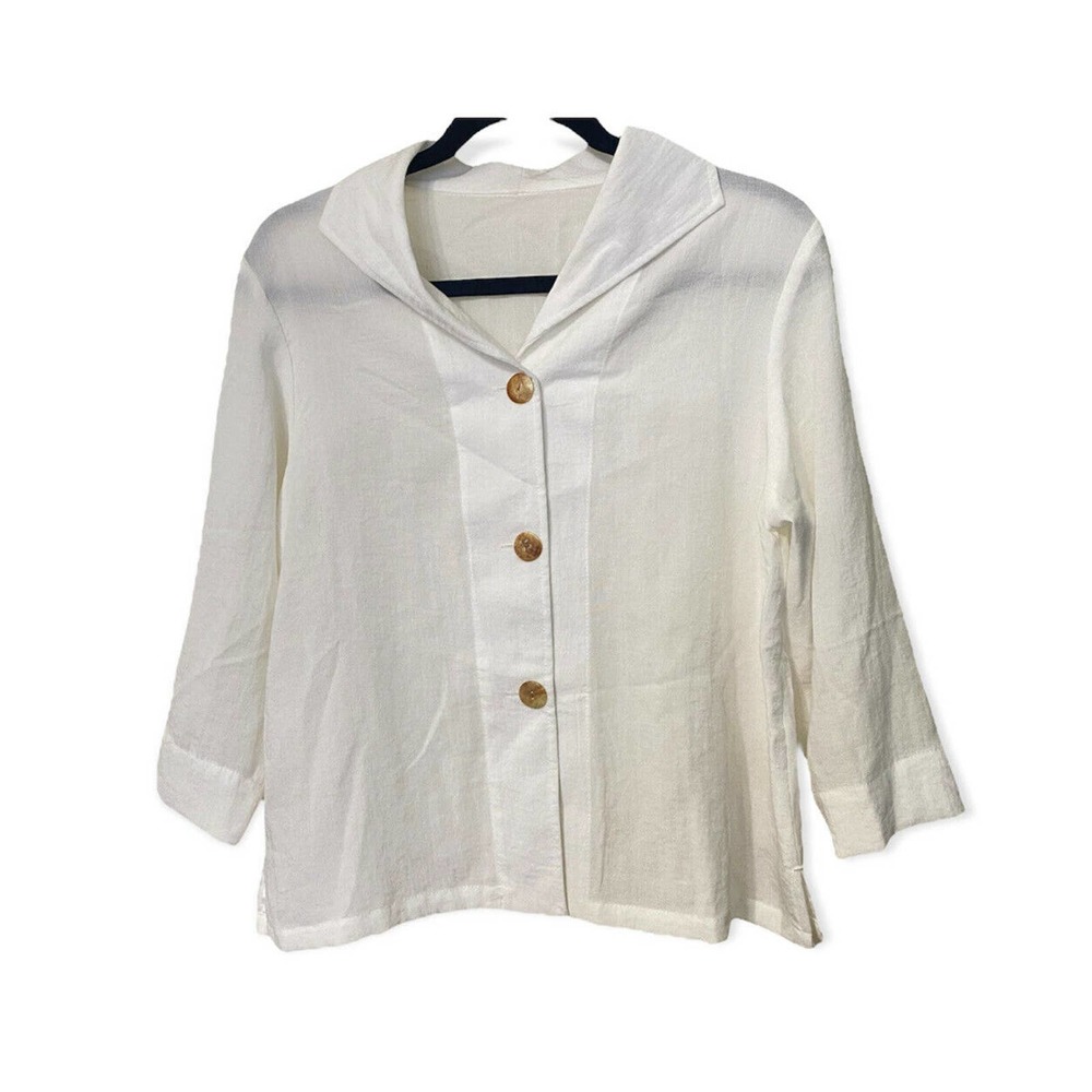 Fridaze white linen collared tunic shell button s